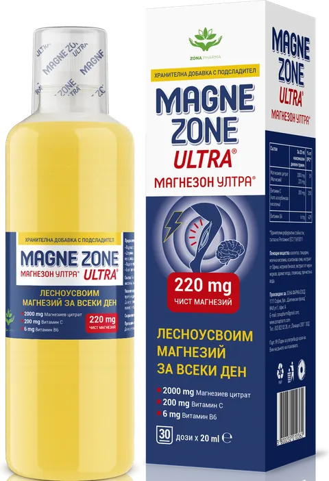 Магнезон Ултра – течен магнезий с 220 mg чист магнезий, бутилка и кутия със сашета